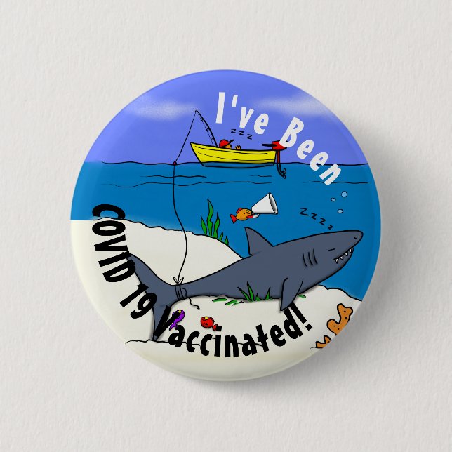 Funny sleeping shark and fishing cartoon button (Front)
