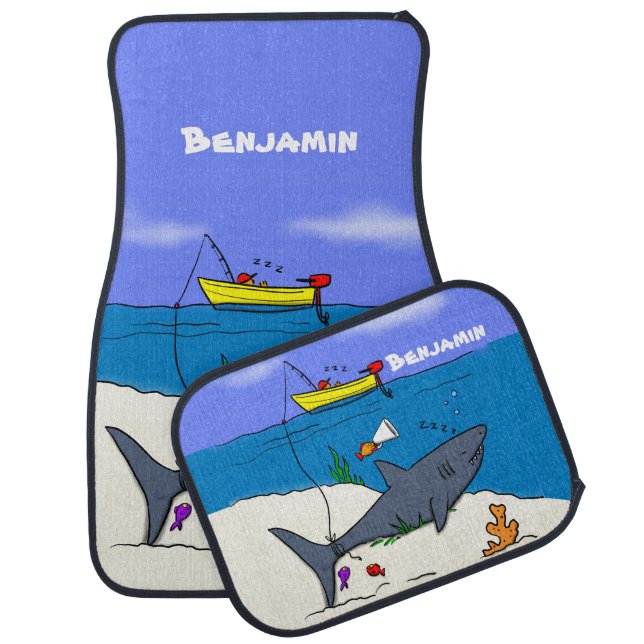 Funny sleeping shark and fishing cartoon  car floor mat (Set)