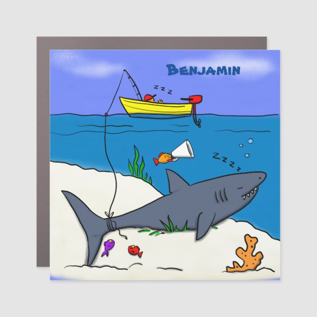 Funny sleeping shark and fishing cartoon car magnet (Front)