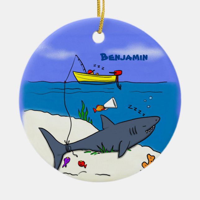 Funny sleeping shark and fishing cartoon ceramic ornament (Front)