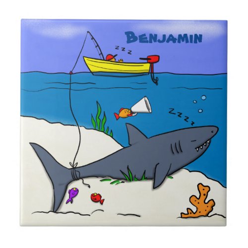 Funny sleeping shark and fishing cartoon ceramic tile