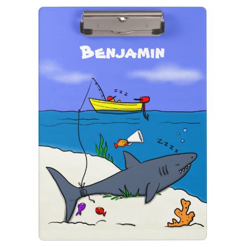 Funny sleeping shark and fishing cartoon clipboard