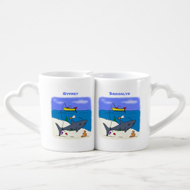 Funny sleeping shark and fishing cartoon coffee mug set (Back Nesting)