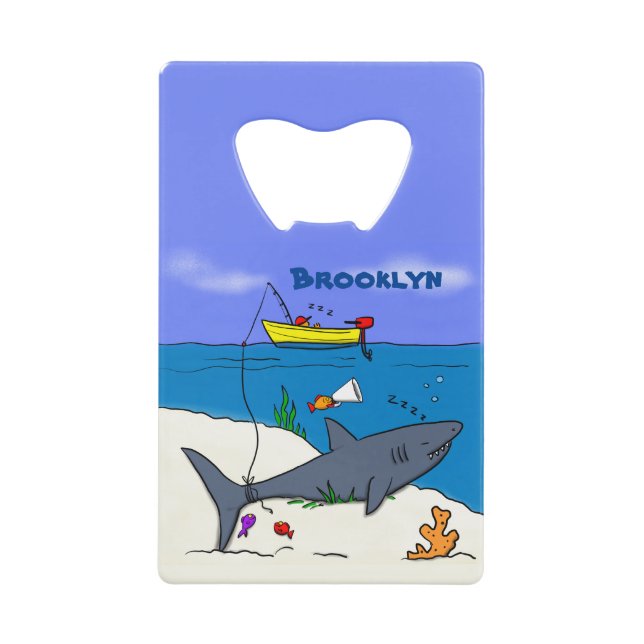 Funny sleeping shark and fishing cartoon credit card bottle opener (Front)