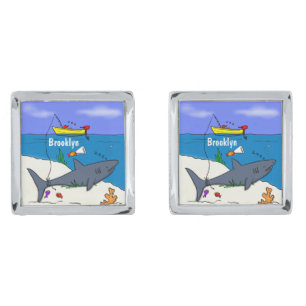 Funny sleeping shark and fishing cartoon cufflinks