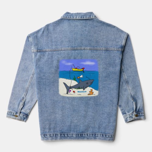 Funny sleeping shark and fishing cartoon denim jacket