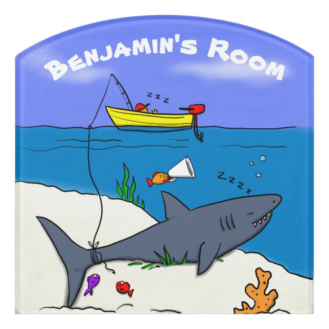 Funny sleeping shark and fishing cartoon door sign (Contour Front)