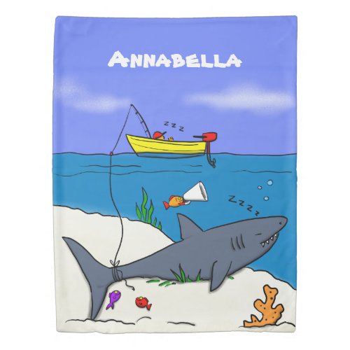 Funny sleeping shark and fishing cartoon duvet cover