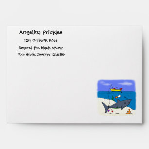 Funny sleeping shark and fishing cartoon envelope
