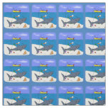 Funny sleeping shark and fishing cartoon fabric