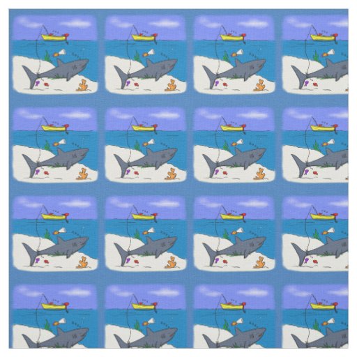 Funny sleeping shark and fishing cartoon fabric