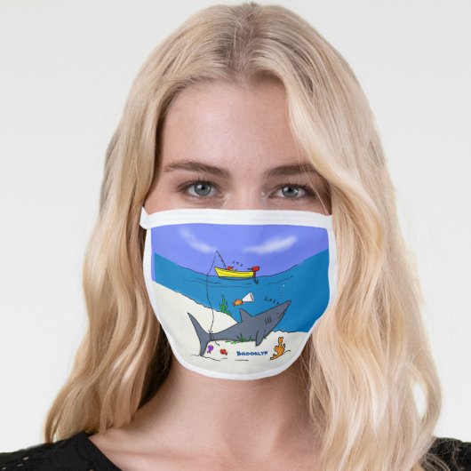Funny sleeping shark and fishing cartoon face mask (Worn Her)