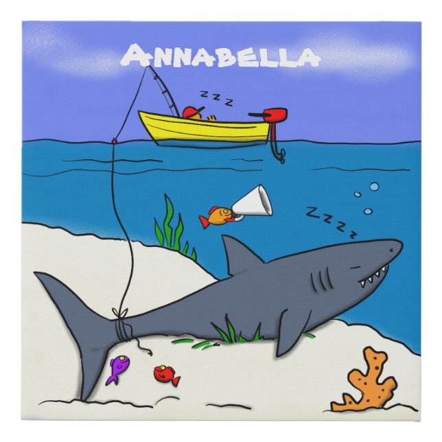 Funny sleeping shark and fishing cartoon faux canvas print (Front)