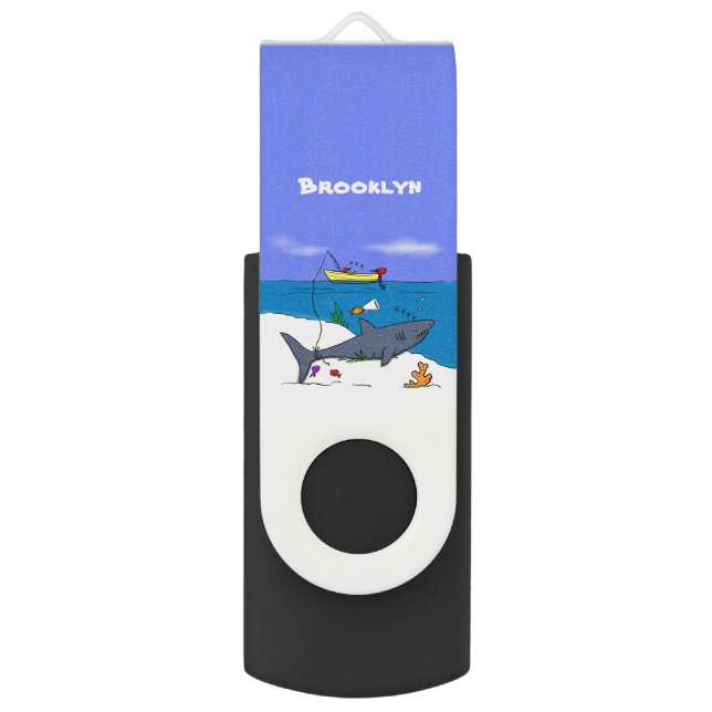 Funny sleeping shark and fishing cartoon flash drive (Front Vertical)