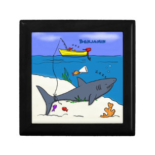 Funny sleeping shark and fishing cartoon gift box