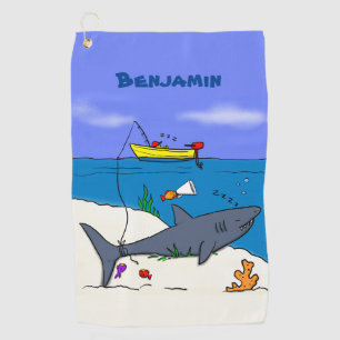 Funny sleeping shark and fishing cartoon golf towel