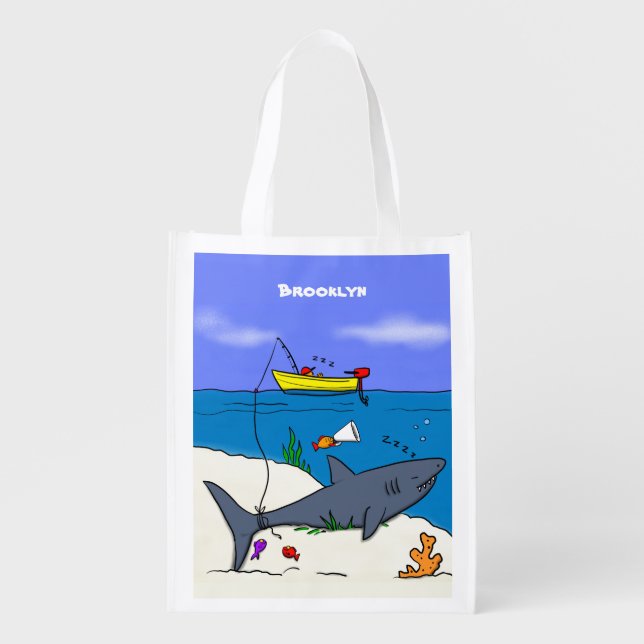 Funny sleeping shark and fishing cartoon grocery bag (Front)