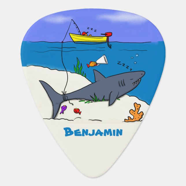 Funny sleeping shark and fishing cartoon  guitar pick (Front)