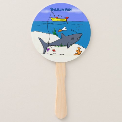 Funny sleeping shark and fishing cartoon hand fan