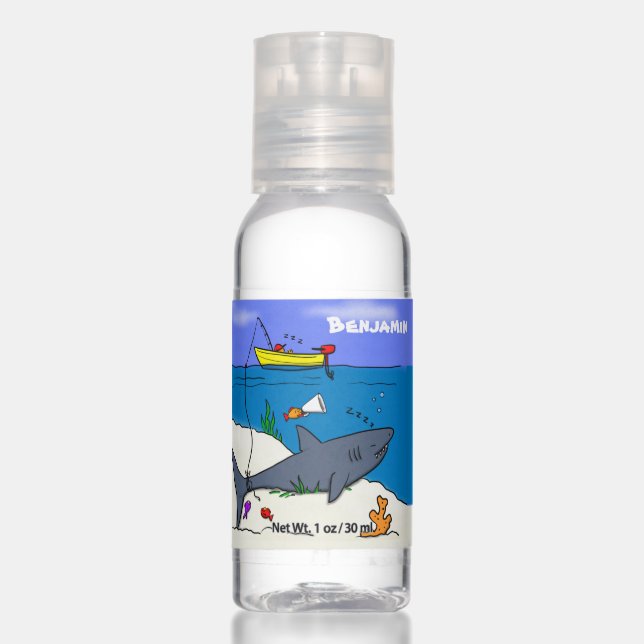 Funny sleeping shark and fishing cartoon hand sanitizer (Front)