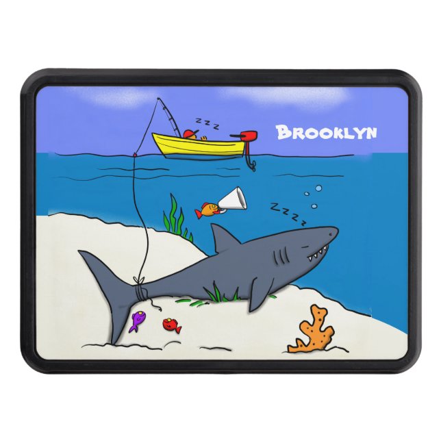 Funny sleeping shark and fishing cartoon hitch cover (Front)