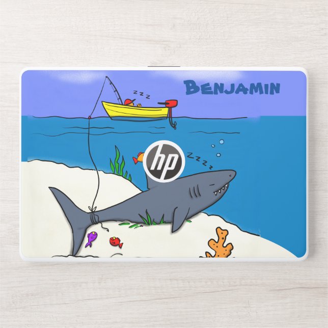 Funny sleeping shark and fishing cartoon HP laptop skin (Front)