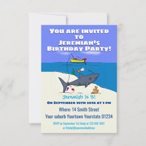 Funny sleeping shark and fishing cartoon invitation