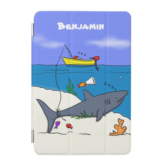 Funny sleeping shark and fishing cartoon iPad mini cover (Front)