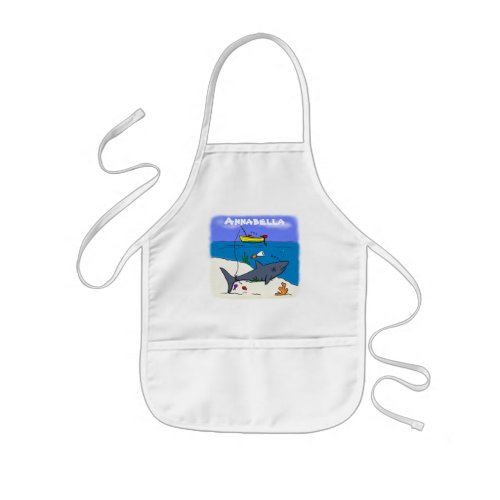 Funny sleeping shark and fishing cartoon kids apron