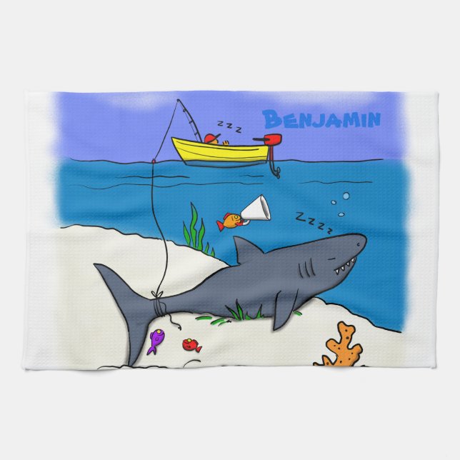 Funny sleeping shark and fishing cartoon kitchen towel (Horizontal)