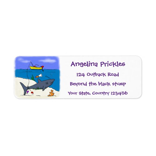 Funny sleeping shark and fishing cartoon label