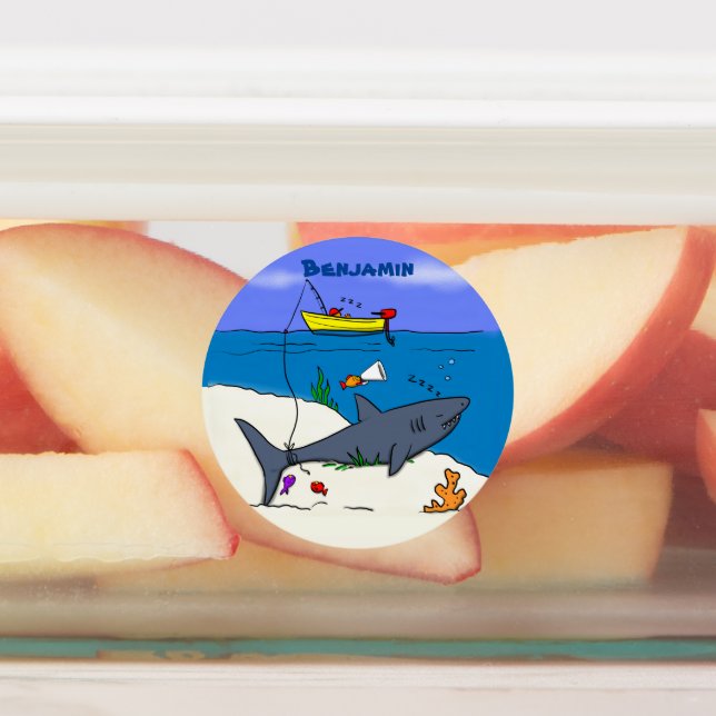 Funny sleeping shark and fishing cartoon labels (Affixed)