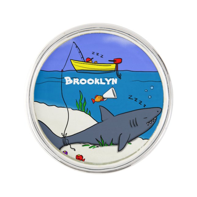 Funny sleeping shark and fishing cartoon lapel pin (Front)