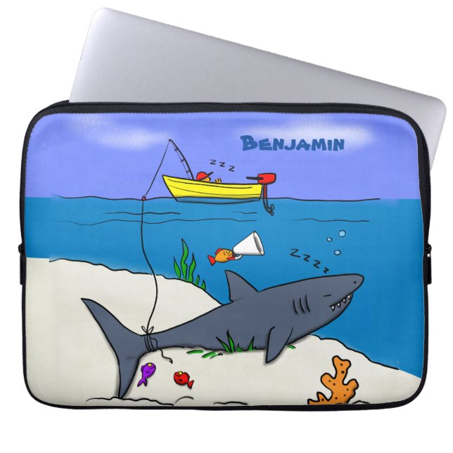 Funny sleeping shark and fishing cartoon laptop sleeve (Front)