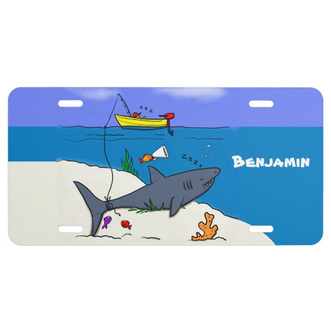 Funny sleeping shark and fishing cartoon license plate (Front)