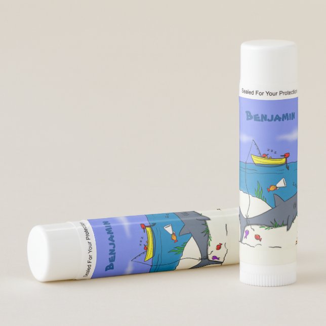 Funny sleeping shark and fishing cartoon lip balm (Front)