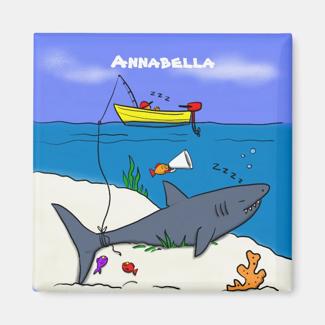 Funny sleeping shark and fishing cartoon magnet (Front)