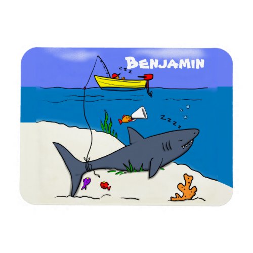 Funny sleeping shark and fishing cartoon magnet