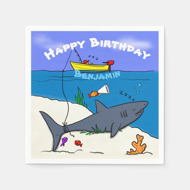 Funny sleeping shark and fishing cartoon napkins (Front)