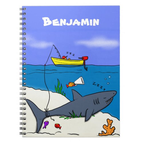 Funny sleeping shark and fishing cartoon notebook