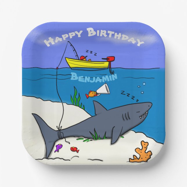 Funny sleeping shark and fishing cartoon paper plates (Front)