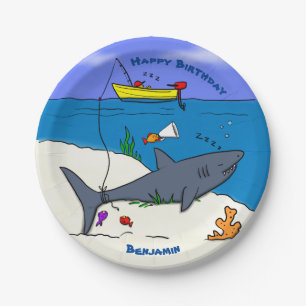 Funny sleeping shark and fishing cartoon paper plates