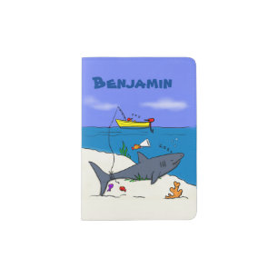 Funny sleeping shark and fishing cartoon passport holder
