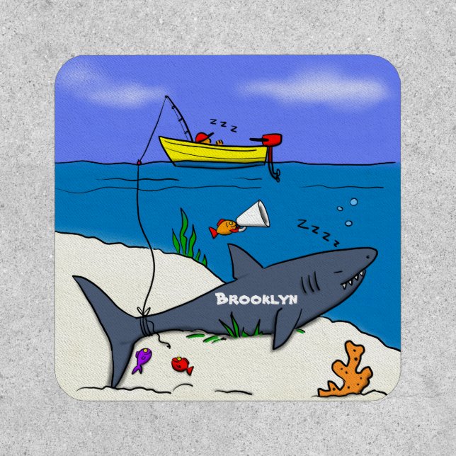 Funny sleeping shark and fishing cartoon patch (Front)