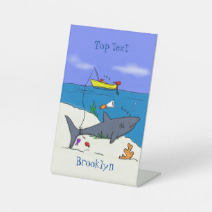 Funny sleeping shark and fishing cartoon pedestal sign