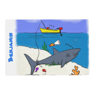 Funny sleeping shark and fishing cartoon placemat