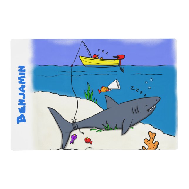Funny sleeping shark and fishing cartoon placemat (Front)