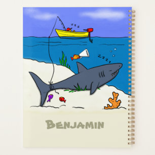 Funny sleeping shark and fishing cartoon planner