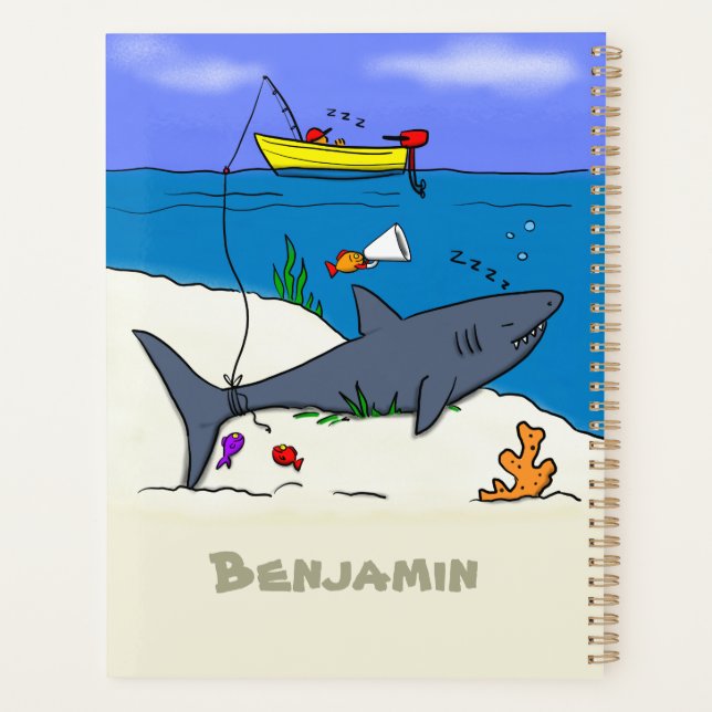 Funny sleeping shark and fishing cartoon planner (Back)