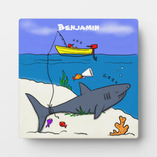 Funny sleeping shark and fishing cartoon plaque